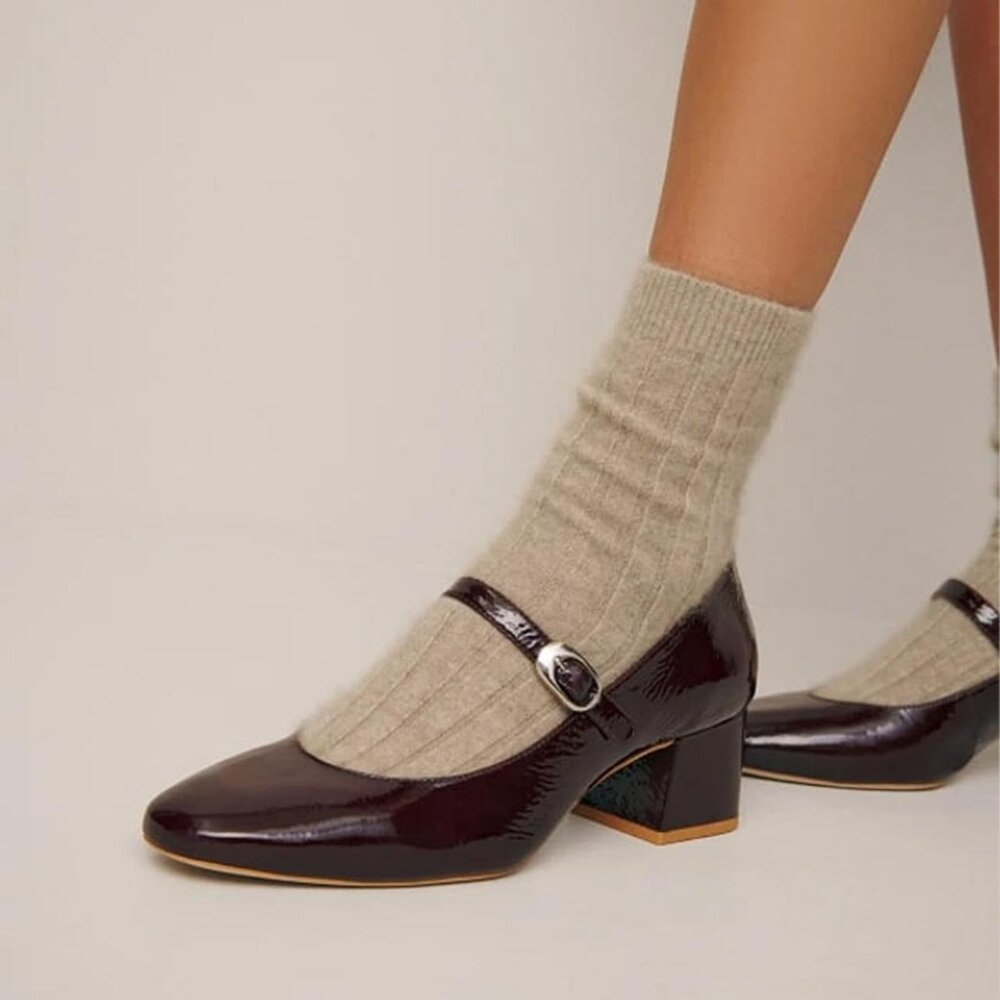 Reformation Max Block Heel in Rum Raisin Crinkle Patent